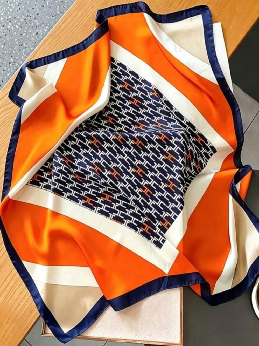 Silk-feel Orange, Navy & Cream Geometric Women's Scarf 70*70cm